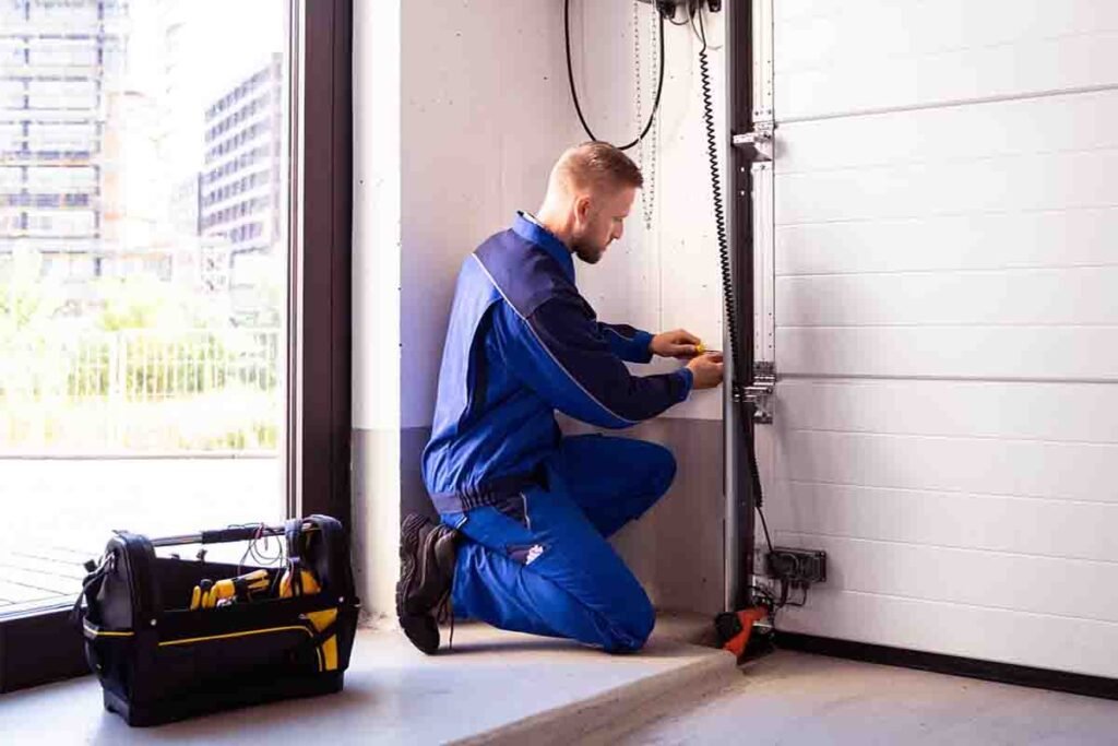 Technician from a local garage door company helping a homeowner