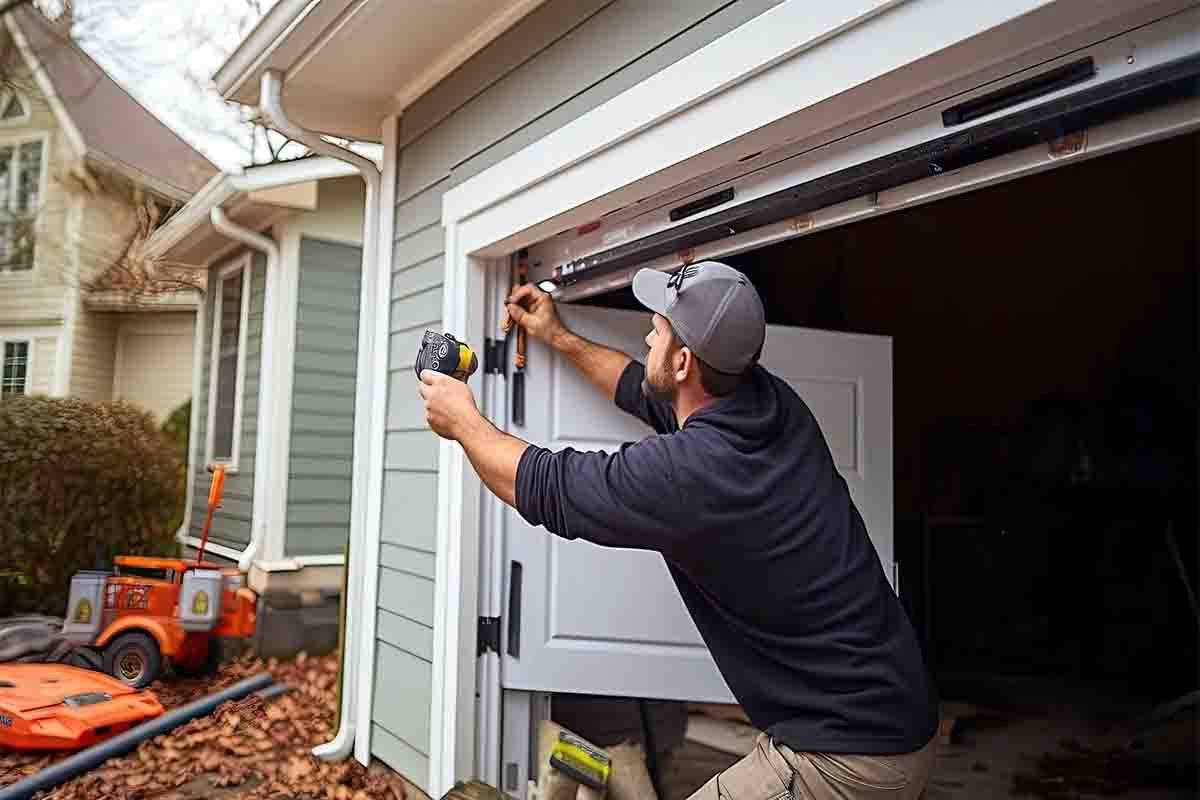 technician repairing liftmaster garage door off track