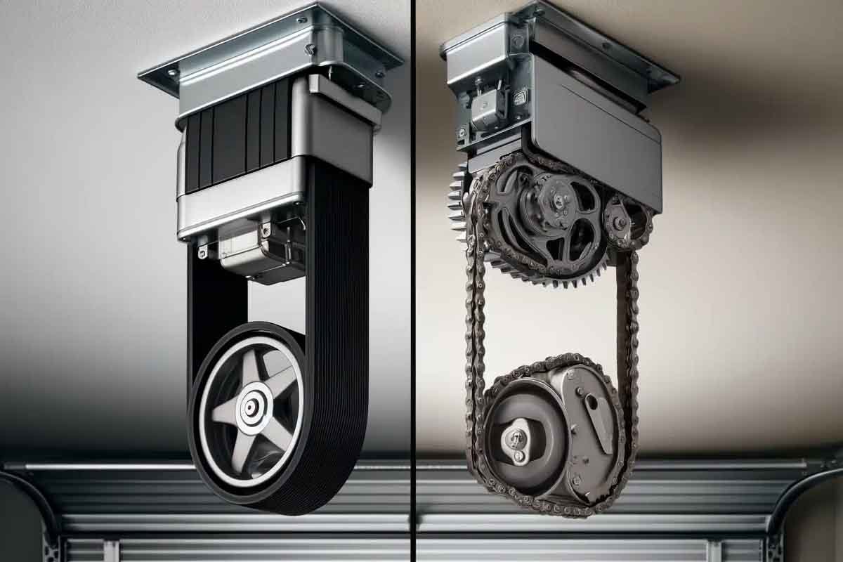 Belt and chain garage door opener side by side